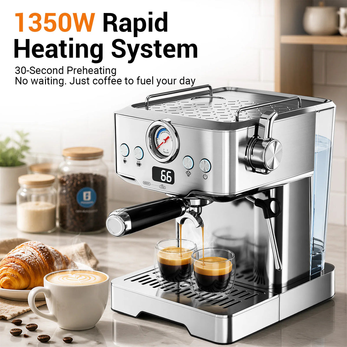 Ultra Espresso Machine, Barista Espresso Maker with Steam Wand | LCD Display, Custom Brew Temp, Latte & Cappuccino Machine, 20-Bar Pump, Powerful Steam Wand, 1.8L Removable Water Tank