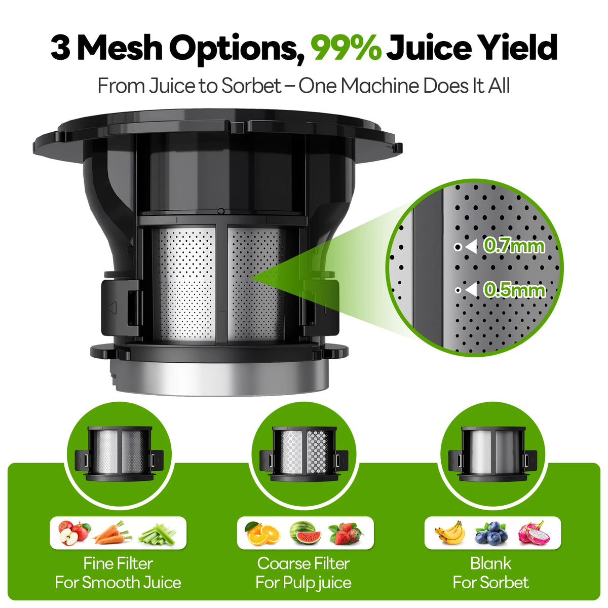 Cold Press Juicer with with 6" Large Wide Feed Chute 3 Strainers for Smooth Juice Pulpy Juice Sorbet Easy to Clean