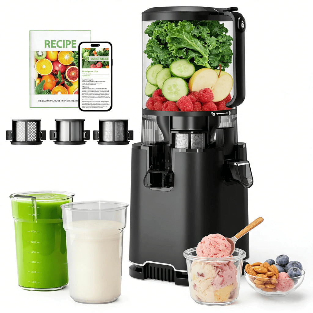 Cold Press Juicer with with 6" Large Wide Feed Chute 3 Strainers for Smooth Juice Pulpy Juice Sorbet Easy to Clean