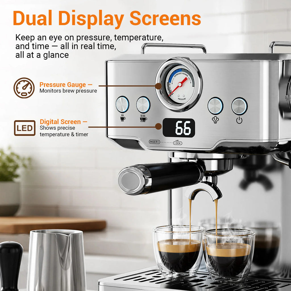 Ultra Espresso Machine, Barista Espresso Maker with Steam Wand | LCD Display, Custom Brew Temp, Latte & Cappuccino Machine, 20-Bar Pump, Powerful Steam Wand, 1.8L Removable Water Tank