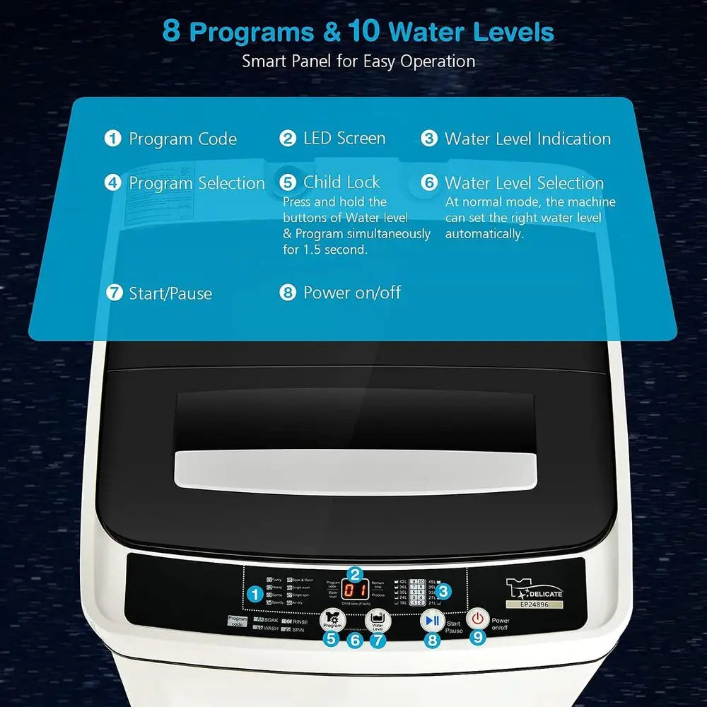 Portable Washing hine, 2 in 1 ull Automatic Laundry Washer 1.5Cu.t 11lbs acity Washing and Spinning Combo 8 Progs 10 Water Level