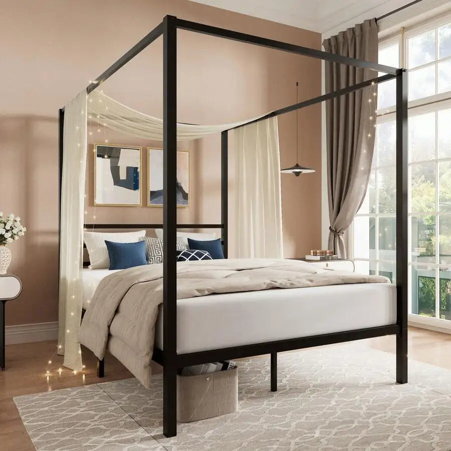 Black Canopy Bed Frame, Full/Queen Size, Metal Canopy Platform Bed With 4 Posts, Mattress Foundation With Metal Slats Support, No Box Spring Needed, Noise Free, Easy Assembly