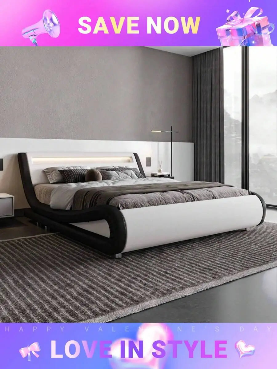 Full/Queen/King Size LED Platform Bed Frame With Adjustable Headboard, No Box Spring Need, Easy Assembly, Faux Leather In White And Black