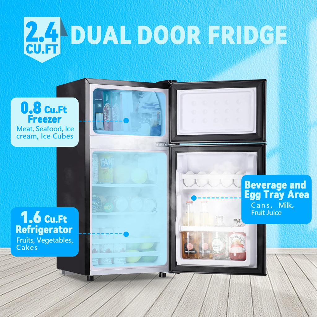 Mini Fridge with Top Freezer 2.4Cu.ft Two Door Small Grey Refrigerator for Personal Use Includes Egg Tray
