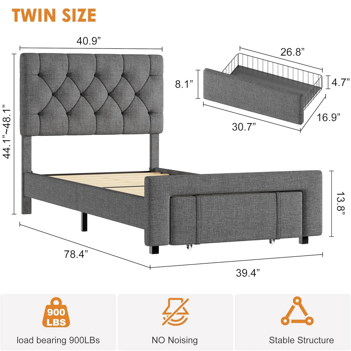 Twin Size Upholstered Bed Frame With 2 Storage Drawers, Platform Bed With Headboard, Wooden Slats Support, No Box Spring Needed