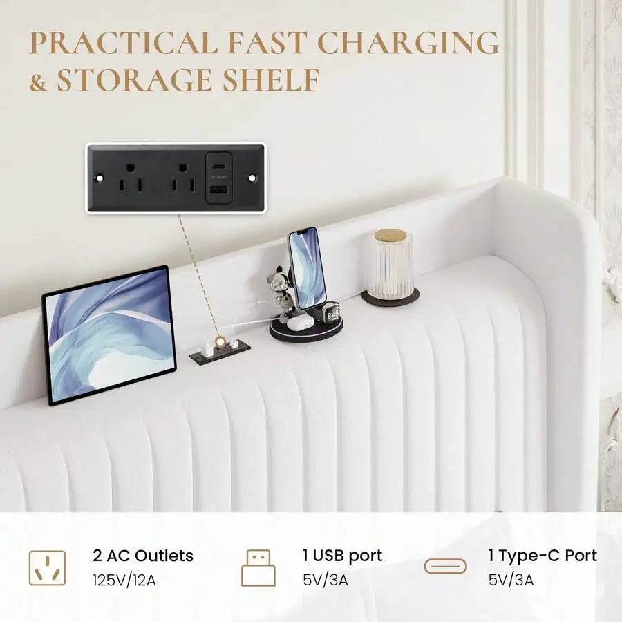 Full/Queen/King Size Velvet Bed Frame With USB Charging Station, Wingback Storage Headboard, Upholstered Platform Bed With Wooden Slats Support, No Box Spring Needed, Easy Assembly, White