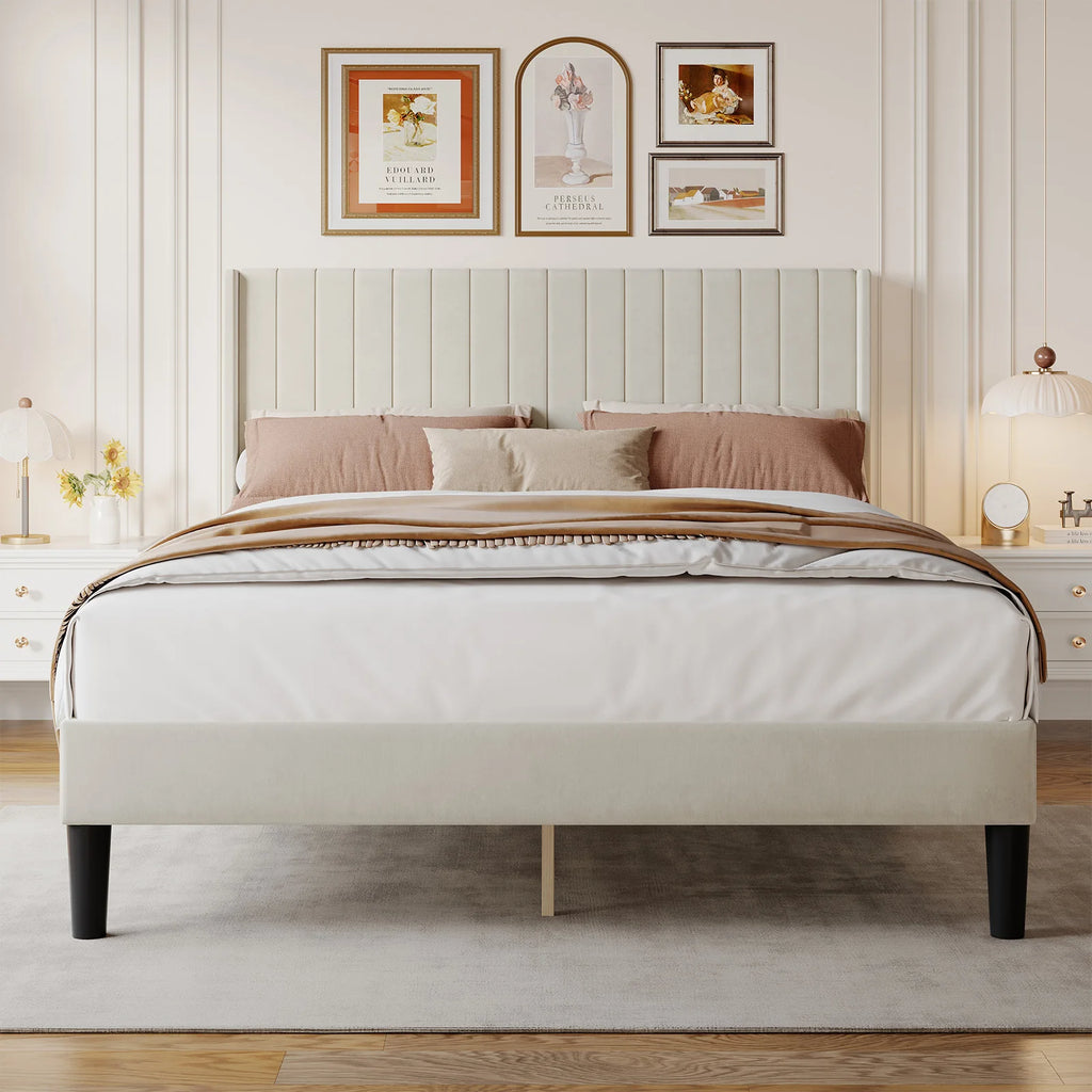 JHK Basic Upholstered Platform Bed Frame with Modern Wingback Headboard Wooden Slats 800lbs Capacity No Box Spring Needed Easy Assembly For Bedroom