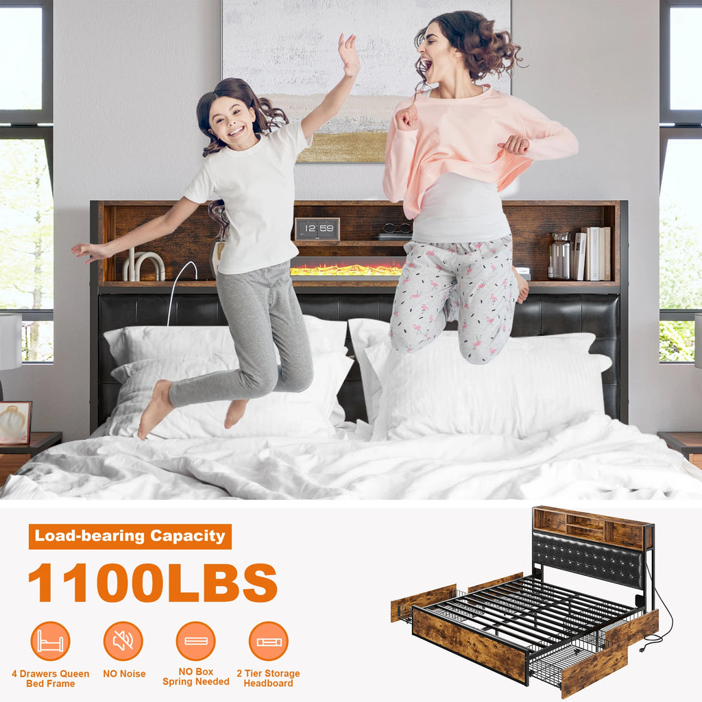 EnHomee Full/Queen/King Bed Frame with Charging Station and 4 Storage Drawers Platform Bed Frame with Upholstered Headboard No Noise