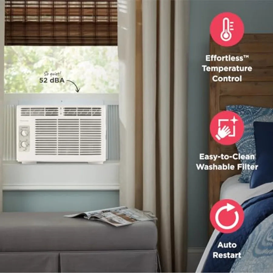 Window-mounted air conditioner for small rooms, white plastic housing, quiet 5, 000 BTU cooling up to 150 sq. ft., 2 fan speeds