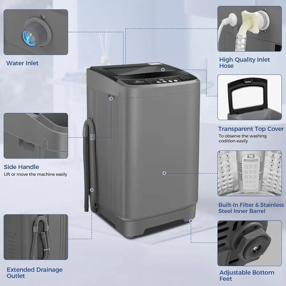 Portable Washing hine, 20Lbs acity, k Gray, Glass Cover | Top Load Washing hine, Large acity, 10 Progs and 8 Water Level, Poweru