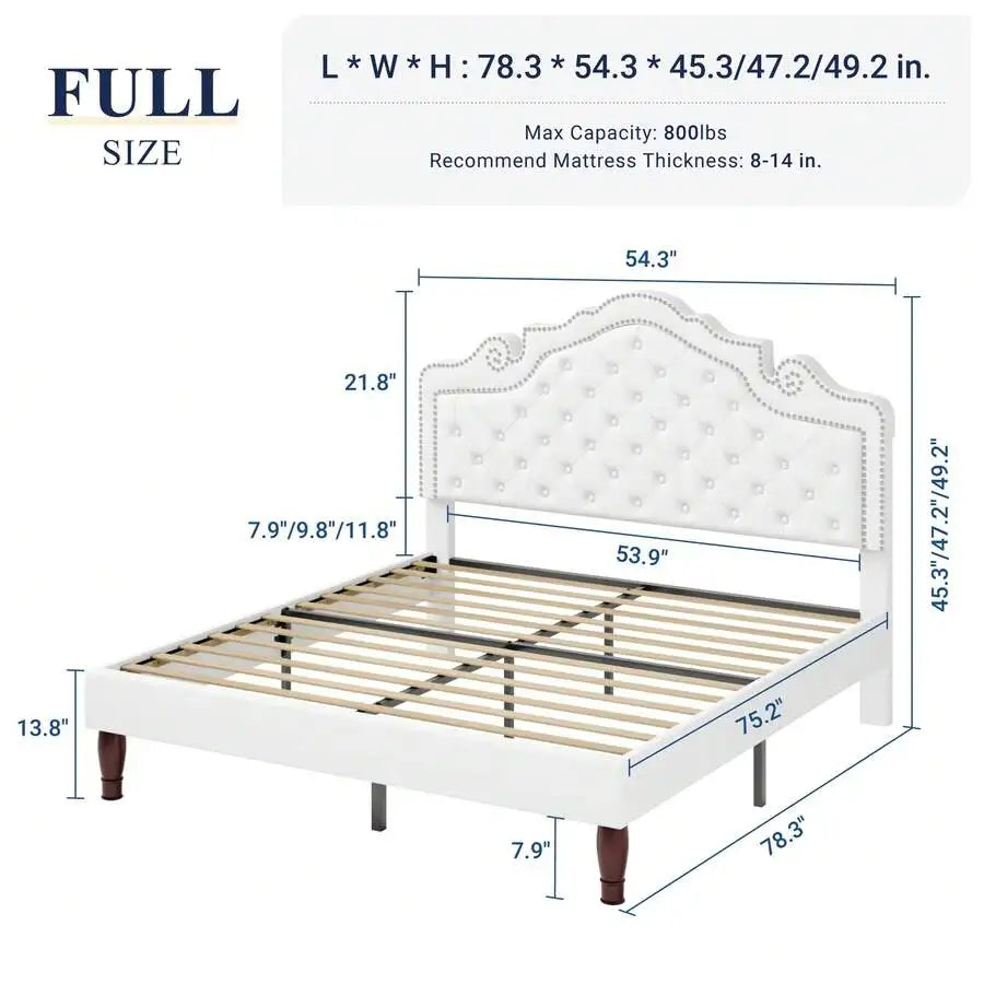 Full/Queen/King Size Velvet Bed Frame With Adjustable Headboard, Wooden Slats Support, Upholstered Diamond Button Tufted And Metal Studs, No Box Spring Needed, Easy Assembly, White
