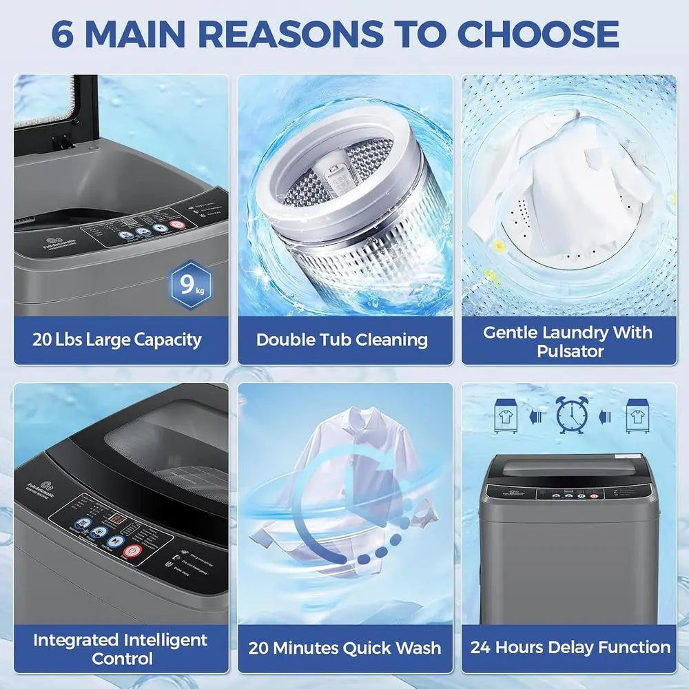 Portable Washing hine, 20Lbs acity, k Gray, Glass Cover | Top Load Washing hine, Large acity, 10 Progs and 8 Water Level, Poweru