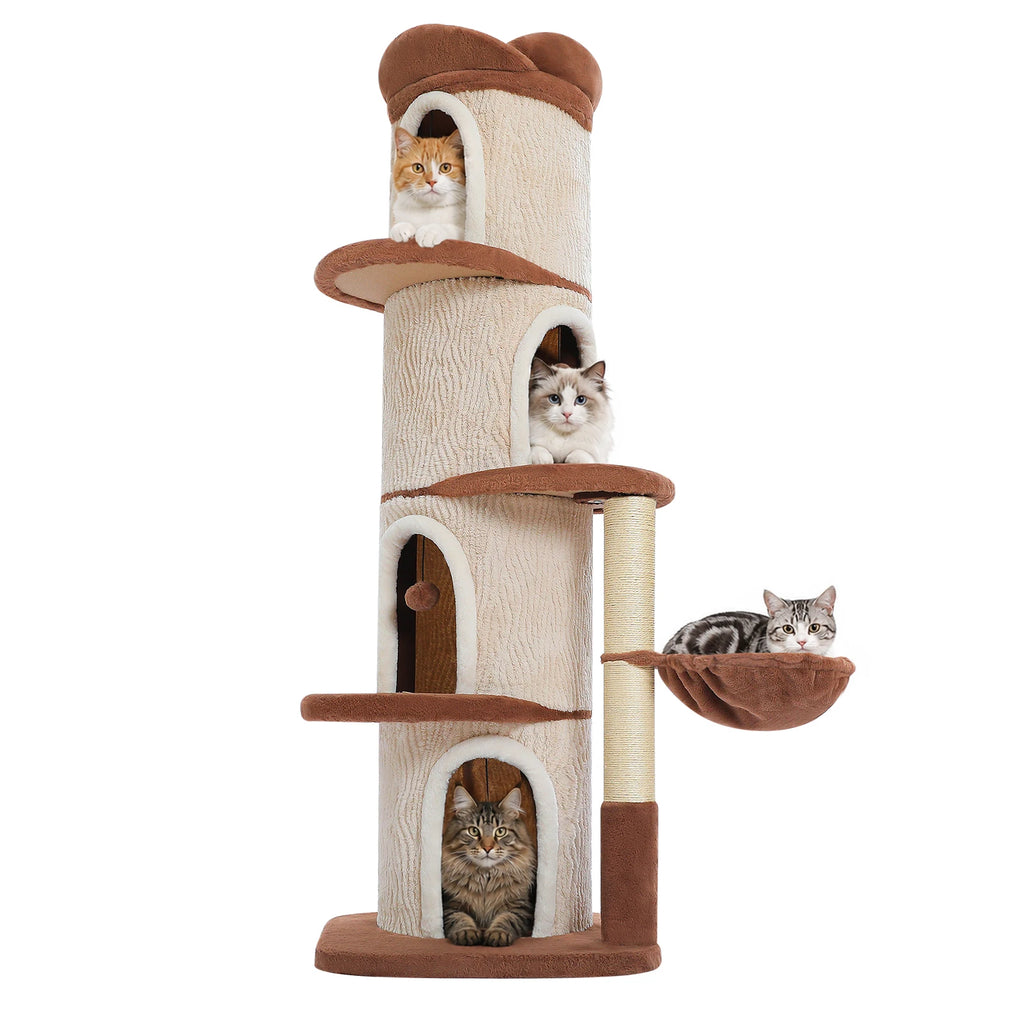 Large Cat Tree with 4 Spacious Condos Thick Scratching Post Flower Top Bed Tall Cat Tower for Indoor Luxury Cat House Bed Toys