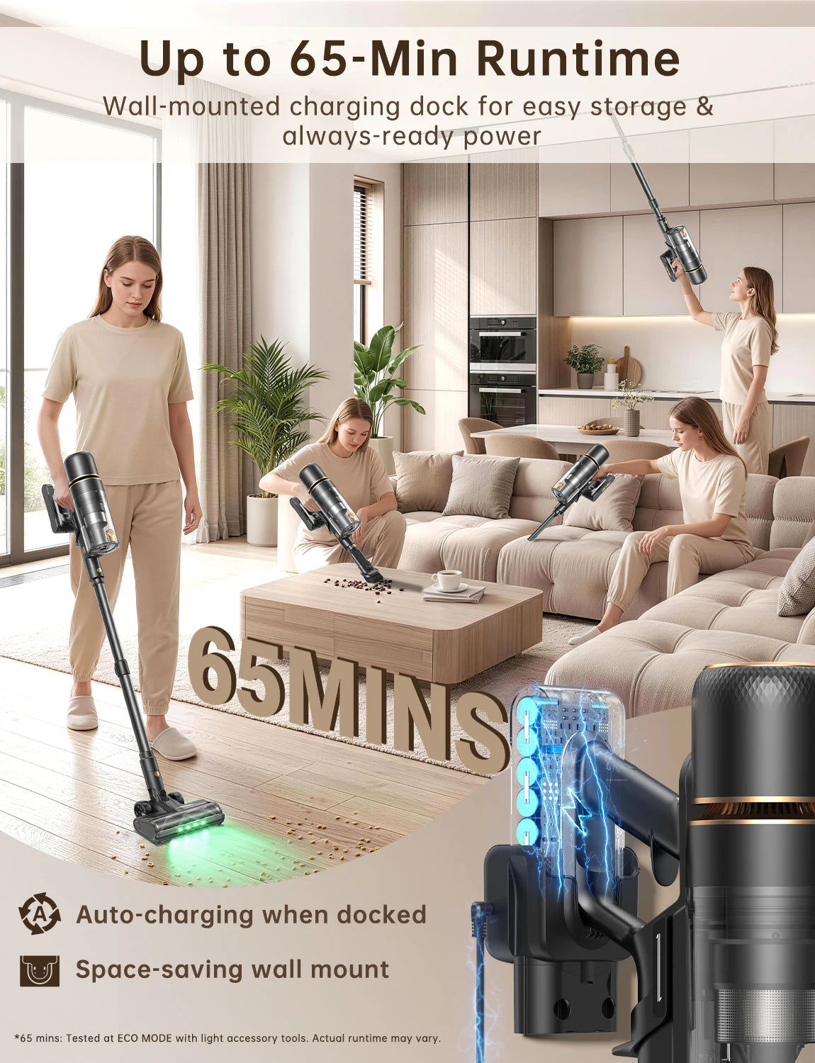 Cordless Vacuum Cleaner 600W/58KPa, Self-Standing Stick Vacuum with 65-Min Runtime & Removable Battery, Self-Cleaning Filtration, Tangle-Free for Pet Hair, Carpets, Hard Floors & Everyday Cleaning