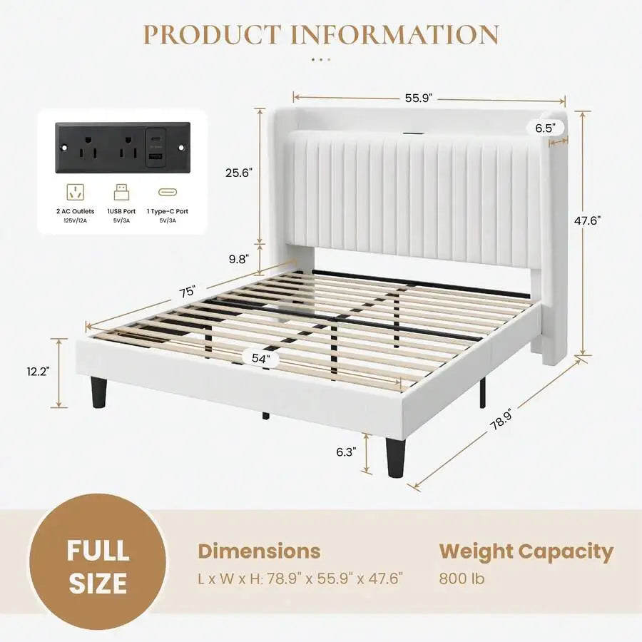 Full/Queen/King Size Velvet Bed Frame With USB Charging Station, Wingback Storage Headboard, Upholstered Platform Bed With Wooden Slats Support, No Box Spring Needed, Easy Assembly, White