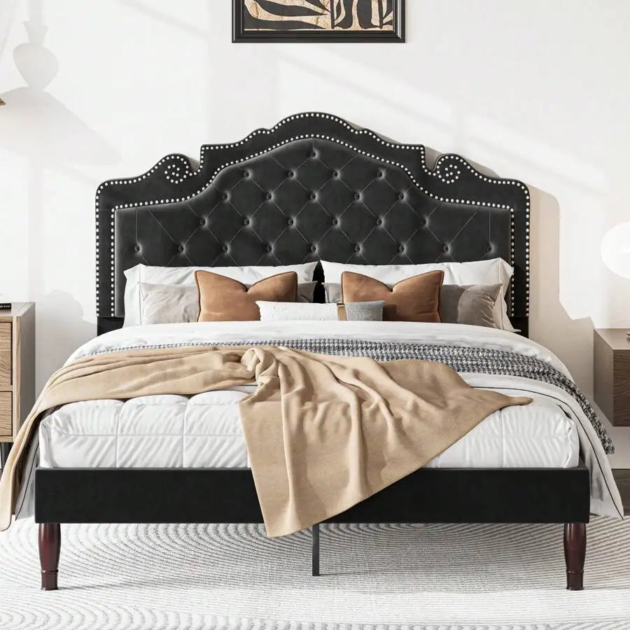 Full/Queen/King Size Velvet Bed Frame With Adjustable Headboard, Wooden Slats Support, Upholstered Diamond Button Tufted And Metal Studs, No Box Spring Needed, Easy Assembly, White