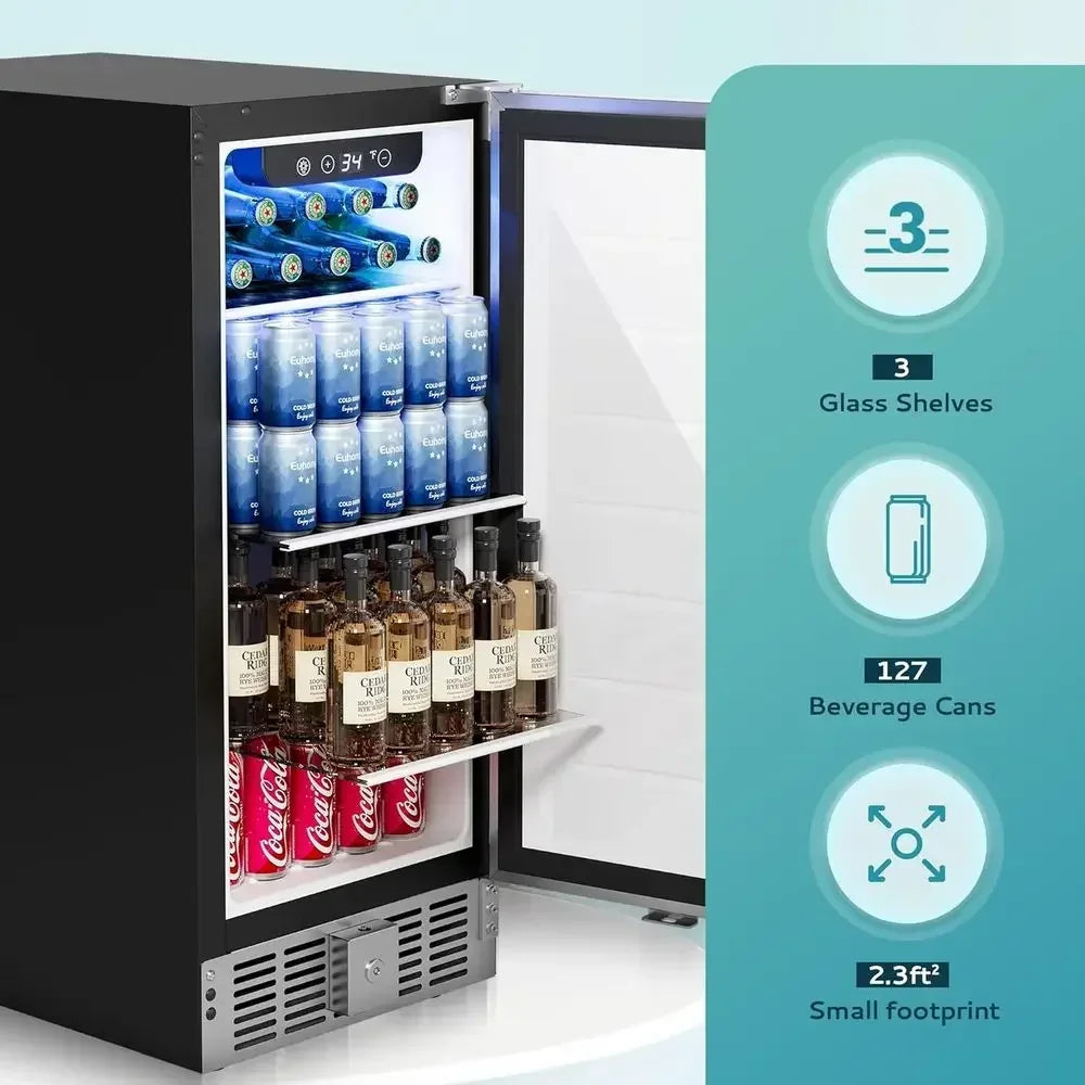Beverage Rerigerator 15 Inch, Under Counter 127 Can Beverage ridge with StainlSteel Door, Beverage Cooler Built-in and Undercoun