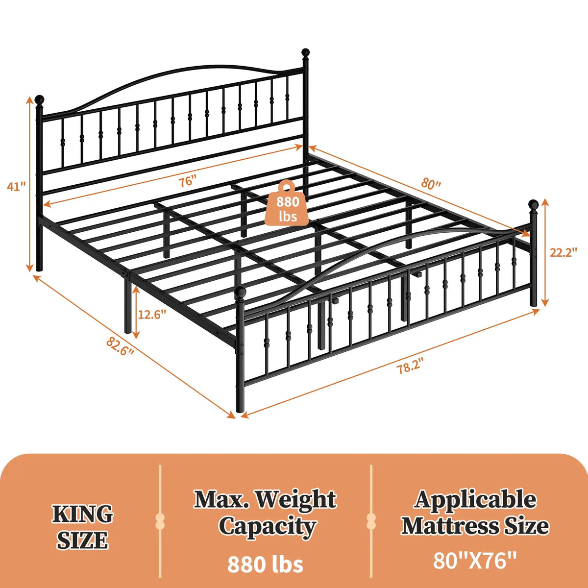 Twin Full Queen King Victorian Metal Bed Frame With Headboard Footboard, Steel Slats, 12.6in Underbed Storage, No Box Spring Needed
