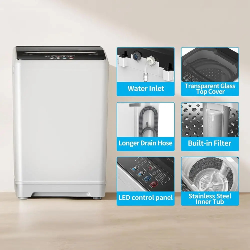 18lbs Portable Washing hine, Laundry Washer, 2.4 Cu.t, White | ully Automatic, Energy Saving, StainlSteel Tub, Drain Pump, 10 Wa