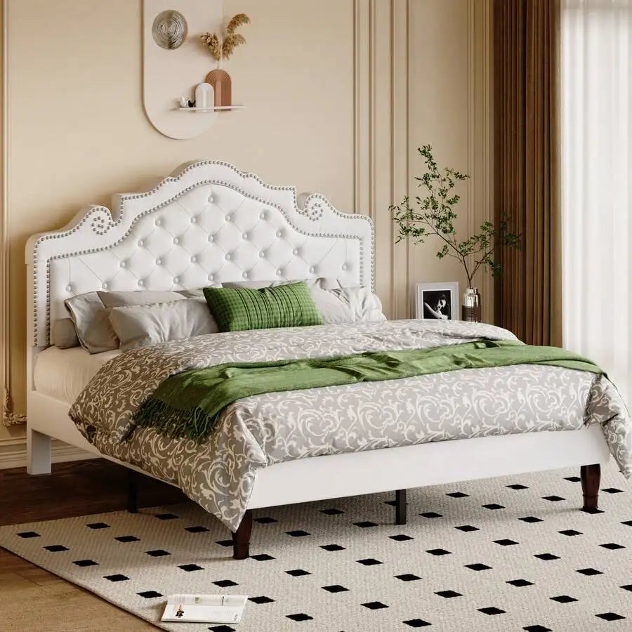 Full/Queen/King Size Velvet Bed Frame With Adjustable Headboard, Wooden Slats Support, Upholstered Diamond Button Tufted And Metal Studs, No Box Spring Needed, Easy Assembly, White