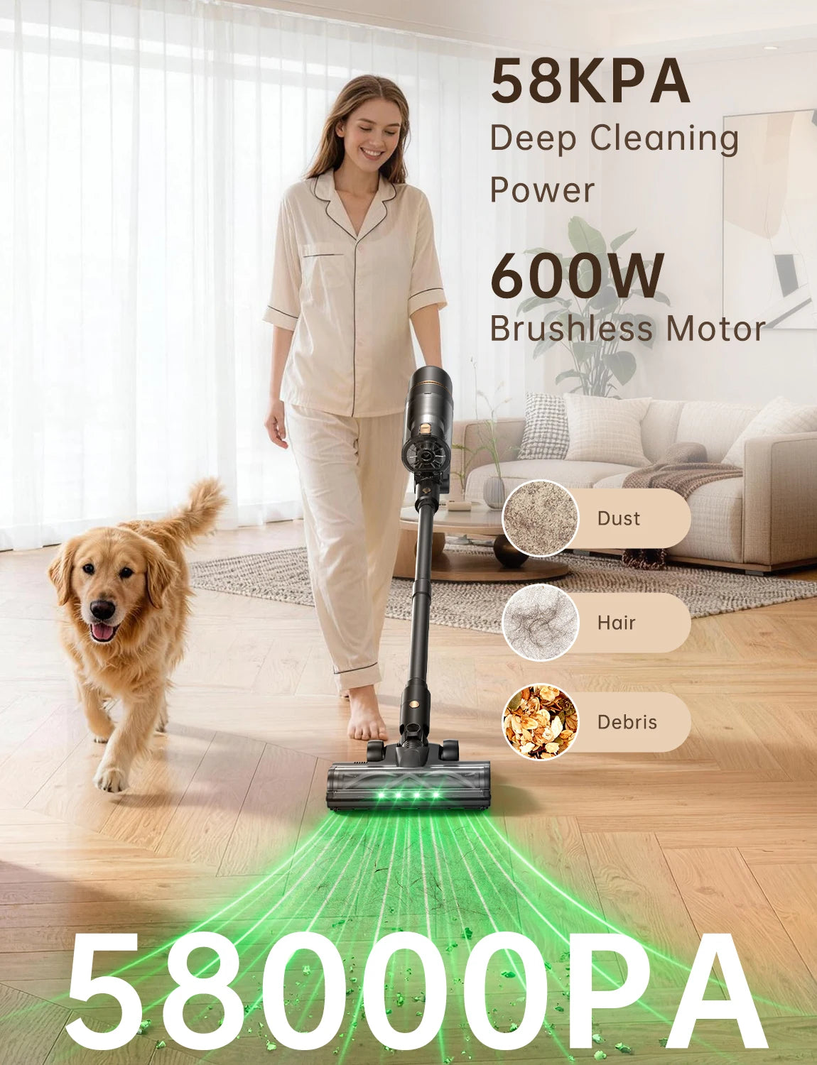 Cordless Vacuum Cleaner 600W/58KPa, Self-Standing Stick Vacuum with 65-Min Runtime & Removable Battery, Self-Cleaning Filtration, Tangle-Free for Pet Hair, Carpets, Hard Floors & Everyday Cleaning