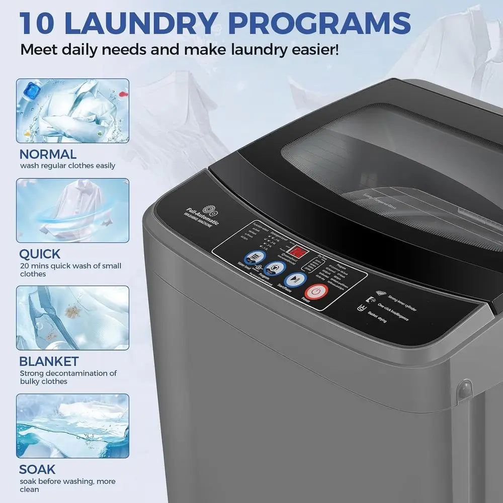 Portable Washing hine, 20Lbs acity, k Gray, Glass Cover | Top Load Washing hine, Large acity, 10 Progs and 8 Water Level, Poweru