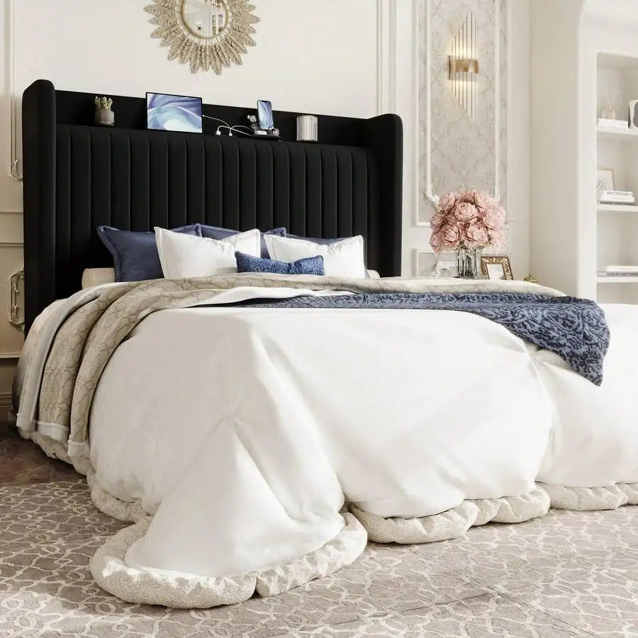 Full/Queen/King Size Velvet Bed Frame With USB Charging Station, Wingback Storage Headboard, Upholstered Platform Bed With Wooden Slats Support, No Box Spring Needed, Easy Assembly, White