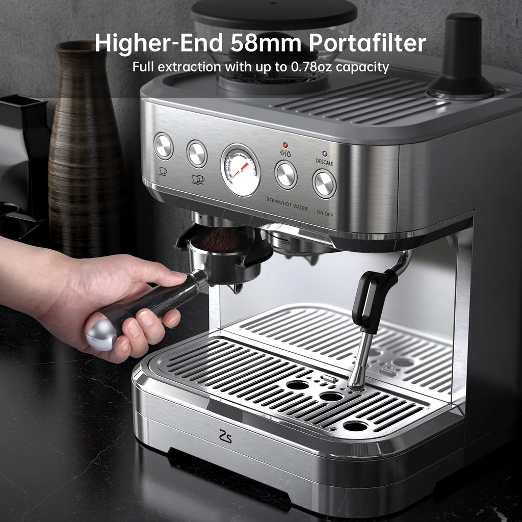 Espresso Machine with Grinder, Stainless Steel 15 Bar Coffee Machine with Milk Frother Coffee Maker for Home Latte Cappuccino