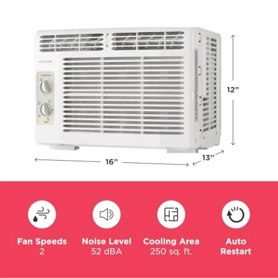 Window-mounted air conditioner for small rooms, white plastic housing, quiet 5, 000 BTU cooling up to 150 sq. ft., 2 fan speeds