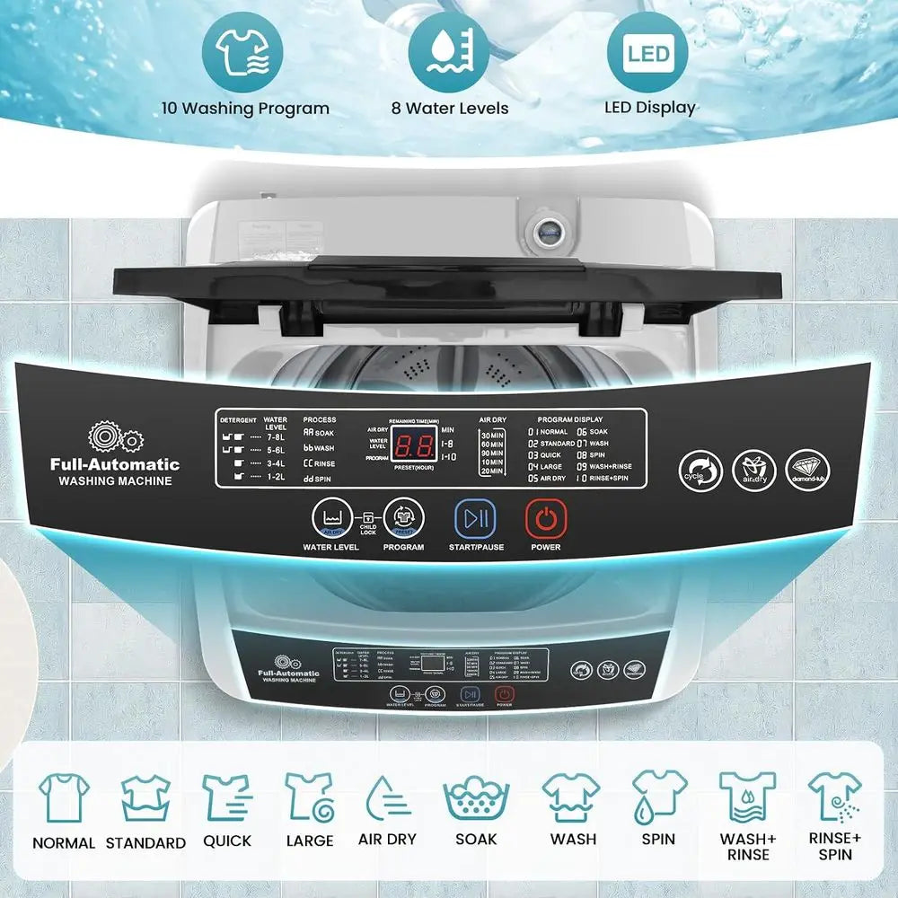 2.4 Cu.t Portable Washing hine, 17.8 lbs acity ull Automatic Washing hine with 10 Wash Progs, LED Display & Drain Pump, Portable