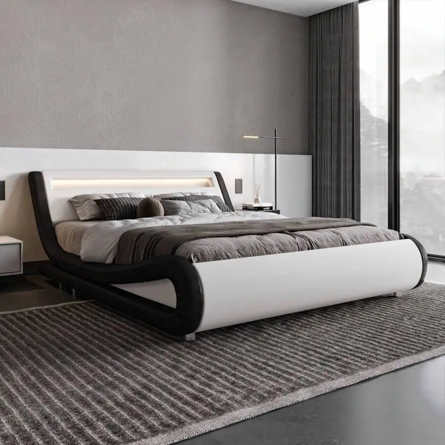 Full/Queen/King Size LED Platform Bed Frame With Adjustable Headboard, No Box Spring Need, Easy Assembly, Faux Leather In White And Black