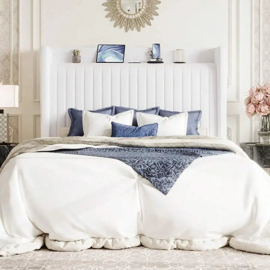 Full/Queen/King Size Velvet Bed Frame With USB Charging Station, Wingback Storage Headboard, Upholstered Platform Bed With Wooden Slats Support, No Box Spring Needed, Easy Assembly, White