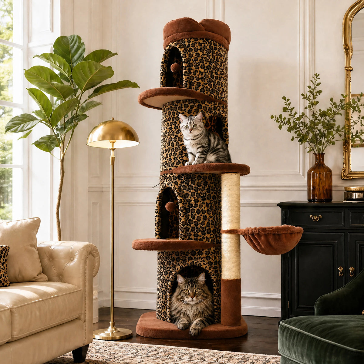 Large Cat Tree with 4 Spacious Condos Thick Scratching Post Flower Top Bed Tall Cat Tower for Indoor Luxury Cat House Bed Toys