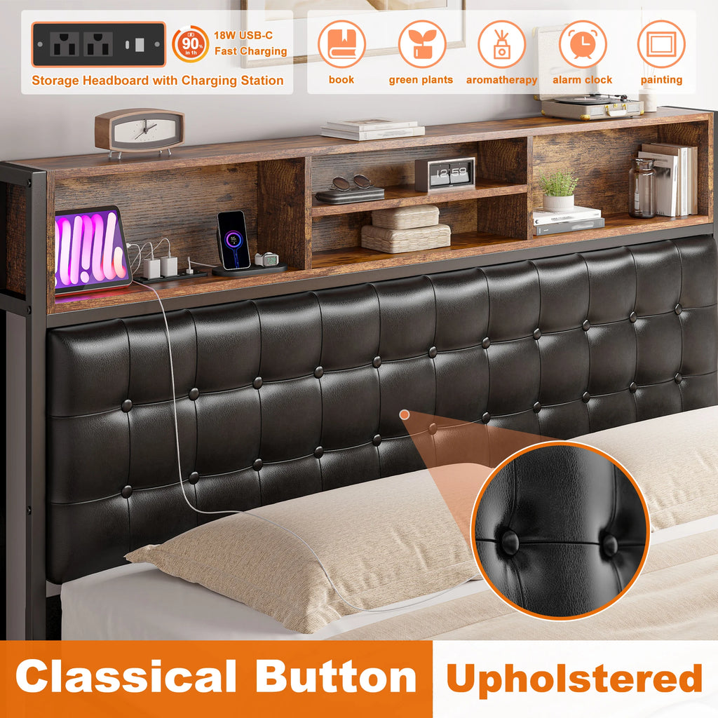 EnHomee Full/Queen/King Bed Frame with Charging Station and 4 Storage Drawers Platform Bed Frame with Upholstered Headboard No Noise
