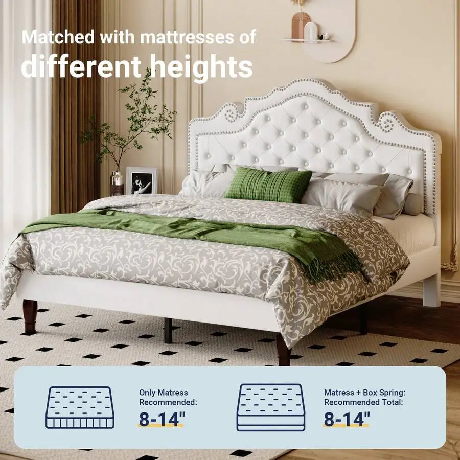 Full/Queen/King Size Velvet Bed Frame With Adjustable Headboard, Wooden Slats Support, Upholstered Diamond Button Tufted And Metal Studs, No Box Spring Needed, Easy Assembly, White