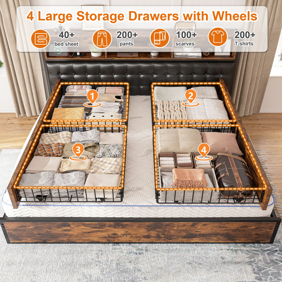 EnHomee Full/Queen/King Bed Frame with Charging Station and 4 Storage Drawers Platform Bed Frame with Upholstered Headboard No Noise