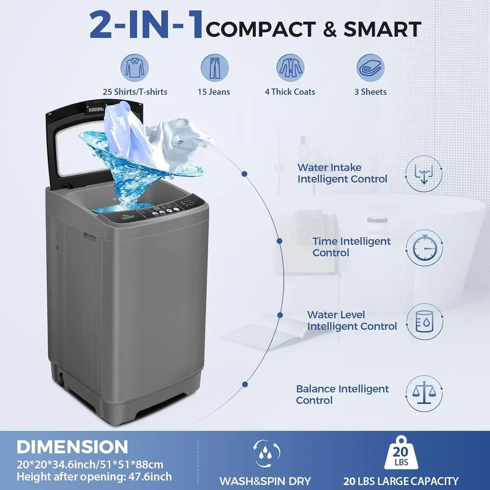 Portable Washing hine, 20Lbs acity, k Gray, Glass Cover | Top Load Washing hine, Large acity, 10 Progs and 8 Water Level, Poweru