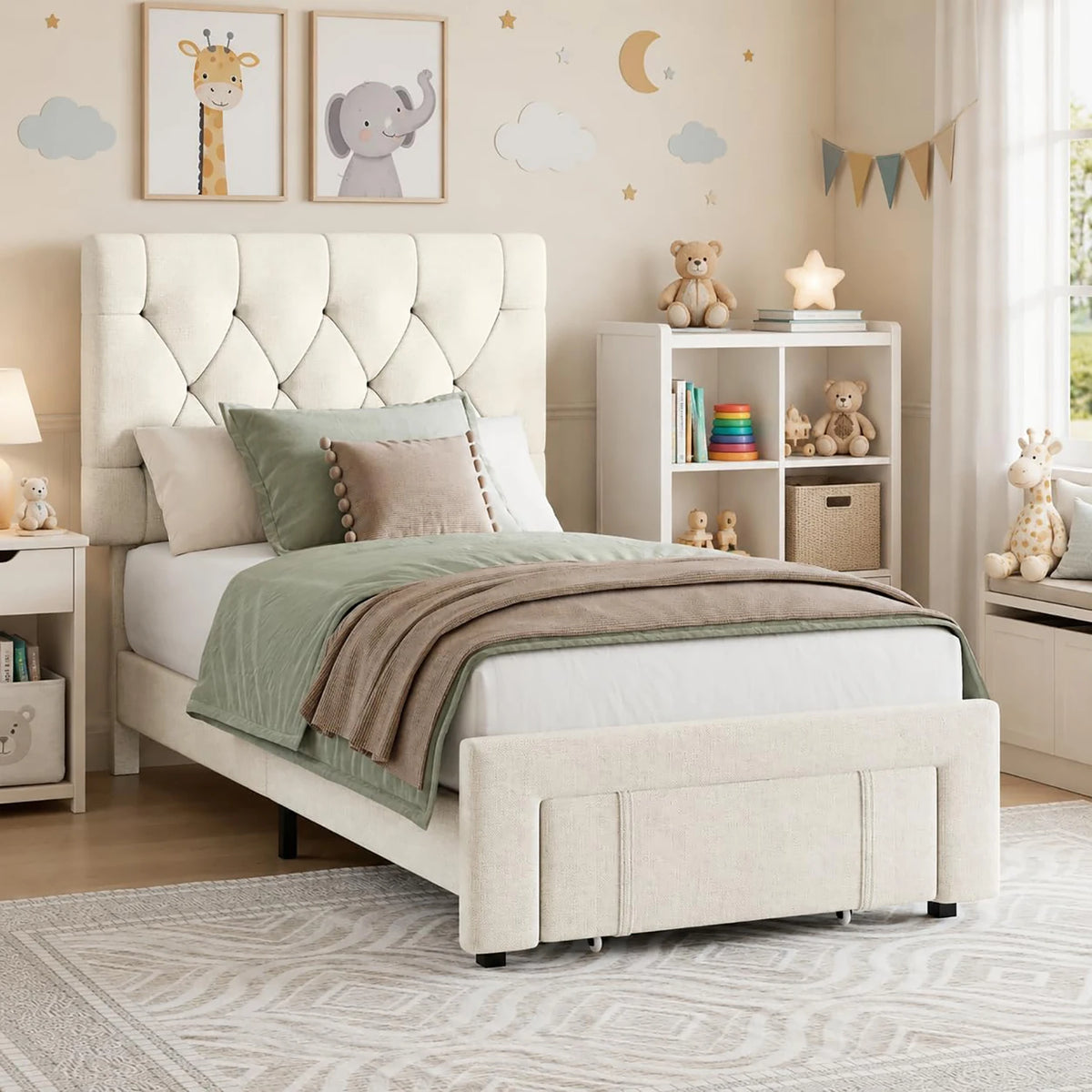 Twin Size Upholstered Bed Frame With 2 Storage Drawers, Platform Bed With Headboard, Wooden Slats Support, No Box Spring Needed