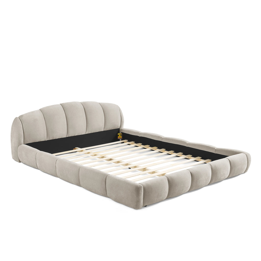 Queen Size Chenille Upholstered Platform Bed Frame with Thick Curved Headboard, Elegant Low Profile Floor Bed, No Box Spring Needed, Pink