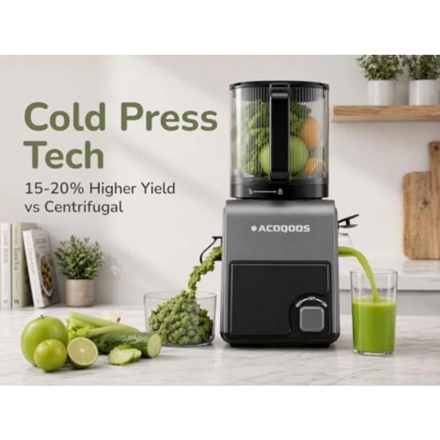 3-In-1 Cold Press Juicer For Home Use, Oxide Gray Stainless Steel And BPA-Free Plastic, Slow Masticating With 6.5 Inch Mega Chu
