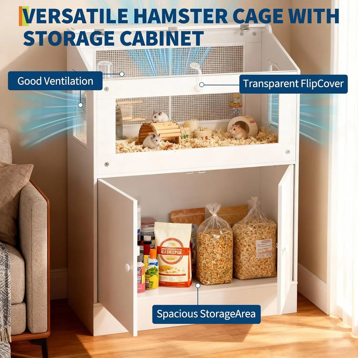 Large Acrylic Small Animal Cage With Storage Cabinet Pet Habitat For Hamster Guinea Pig Rat Hedgehog Easy Clean & Ventilated