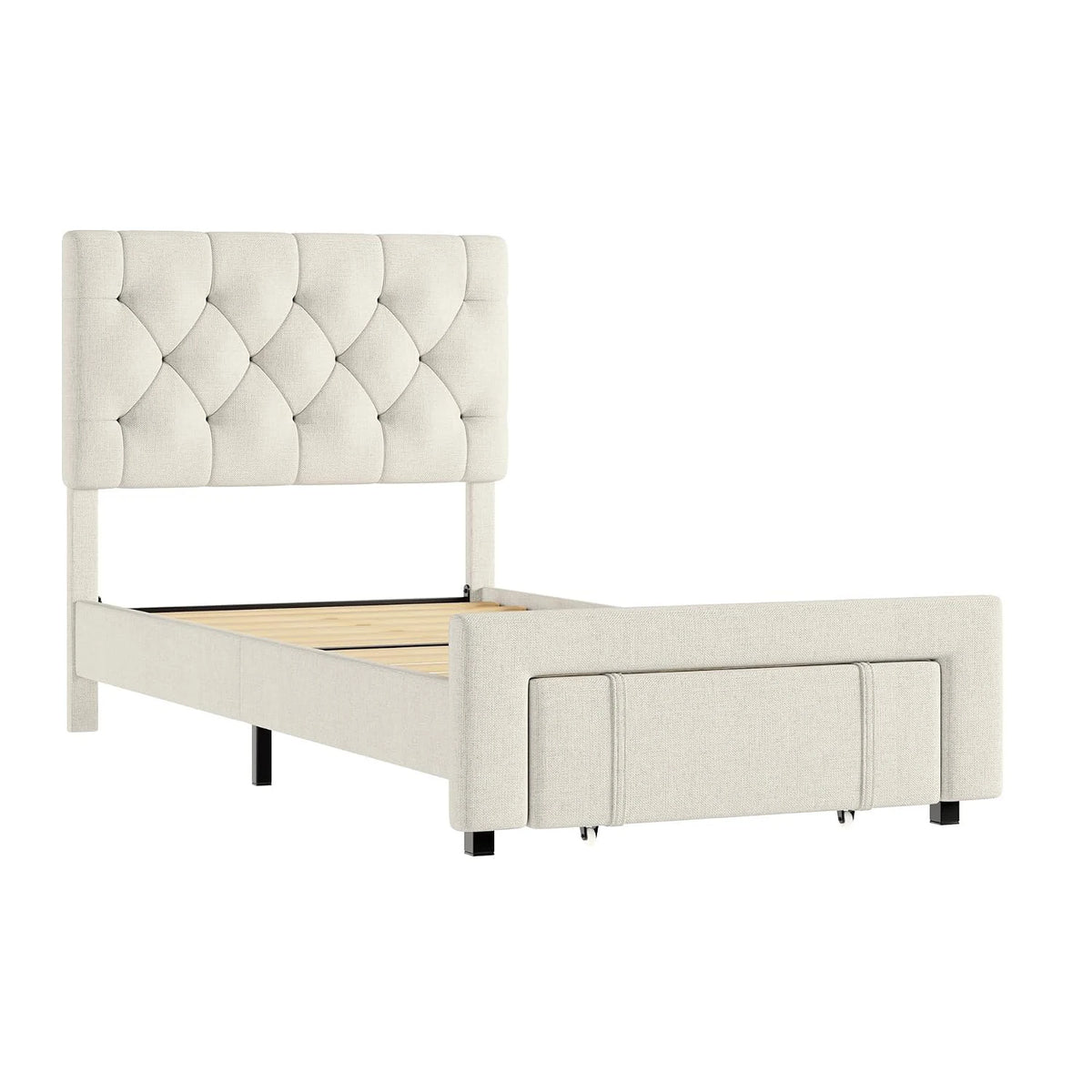 Twin Size Upholstered Bed Frame With 2 Storage Drawers, Platform Bed With Headboard, Wooden Slats Support, No Box Spring Needed