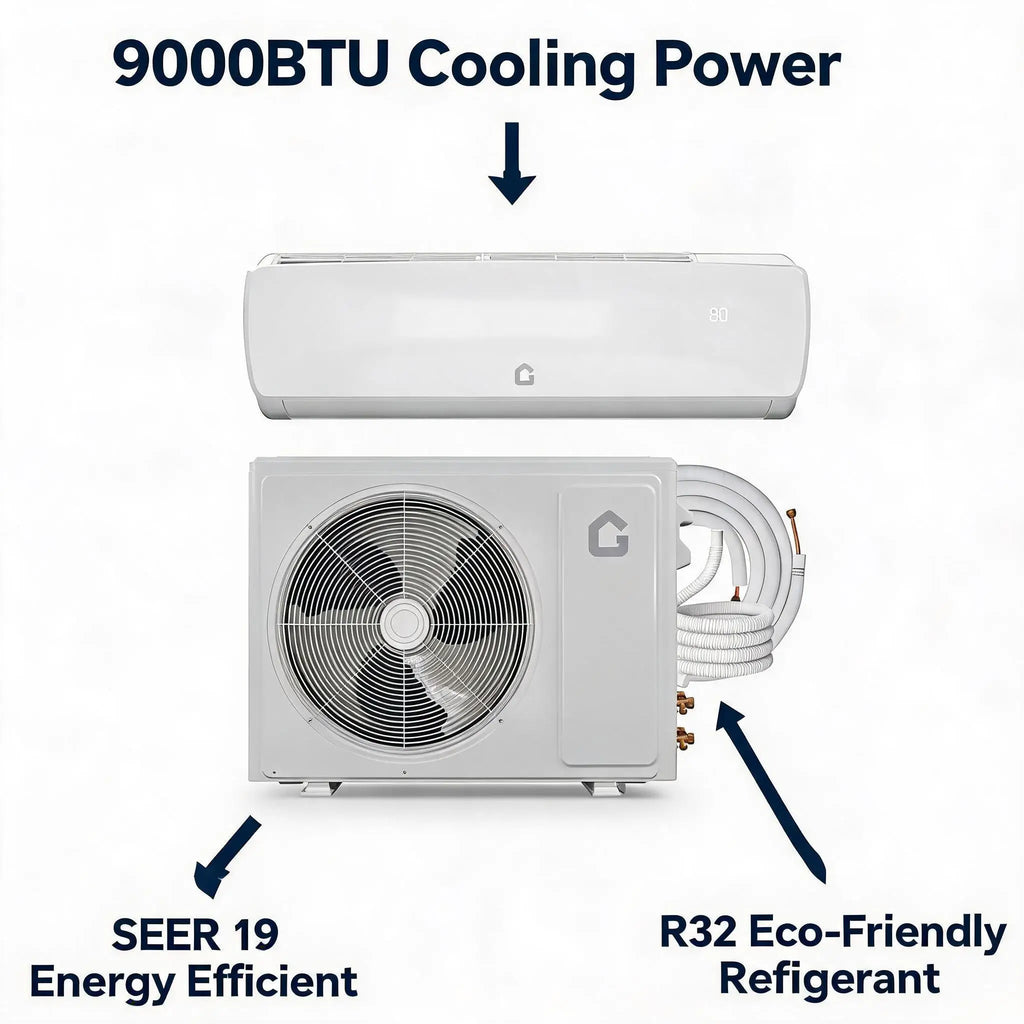 Mini Split Wall Mounted Air Conditioner And Heat Pump 9000 BTU Ultra Quiet 19 SEER2 3 In 1 Inverter Cooling Heating Dehumidifying 115V Energy Efficient Pre Charged Line Set