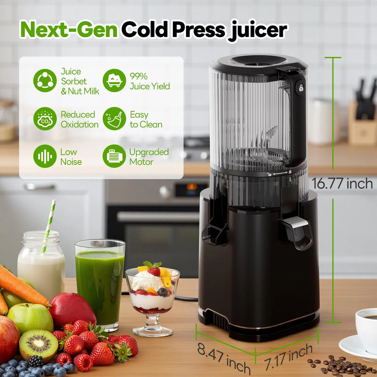 Cold Press Juicer with with 6" Large Wide Feed Chute 3 Strainers for Smooth Juice Pulpy Juice Sorbet Easy to Clean