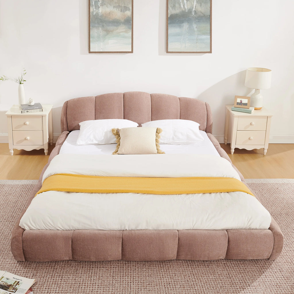 Queen Size Chenille Upholstered Platform Bed Frame with Thick Curved Headboard, Elegant Low Profile Floor Bed, No Box Spring Needed, Pink