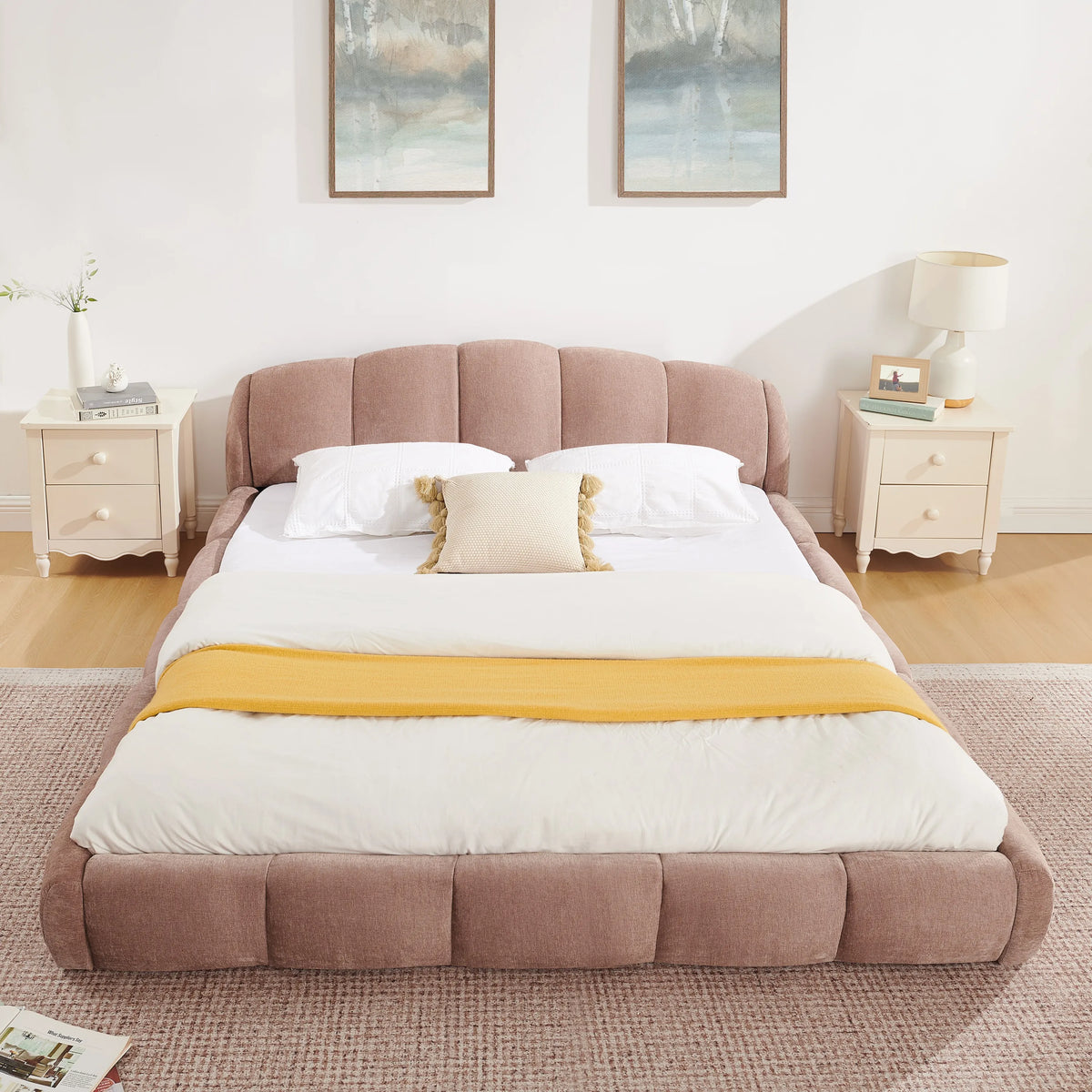 Queen Size Chenille Upholstered Platform Bed Frame with Thick Curved Headboard, Elegant Low Profile Floor Bed, No Box Spring Needed, Pink