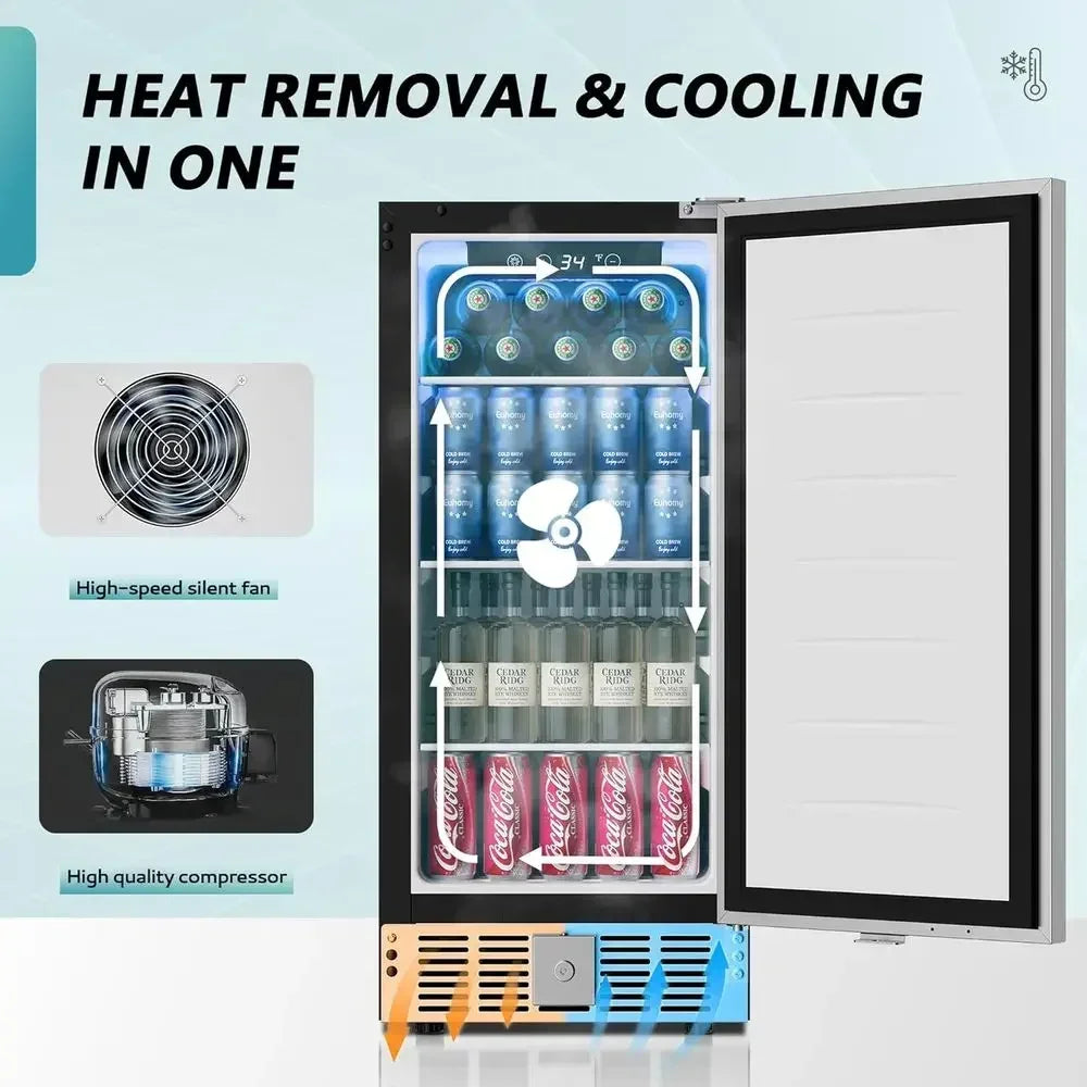 Beverage Rerigerator 15 Inch, Under Counter 127 Can Beverage ridge with StainlSteel Door, Beverage Cooler Built-in and Undercoun