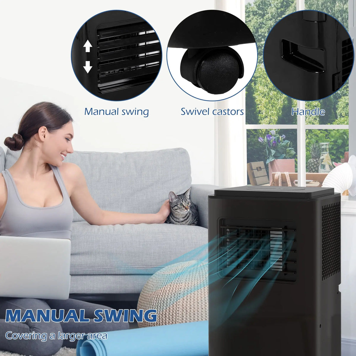 10000 BTU Portable Air Conditioner, Efficient Cooling for 440 Sq Ft, Dehumidifier, Fan, 24H Timer, Black