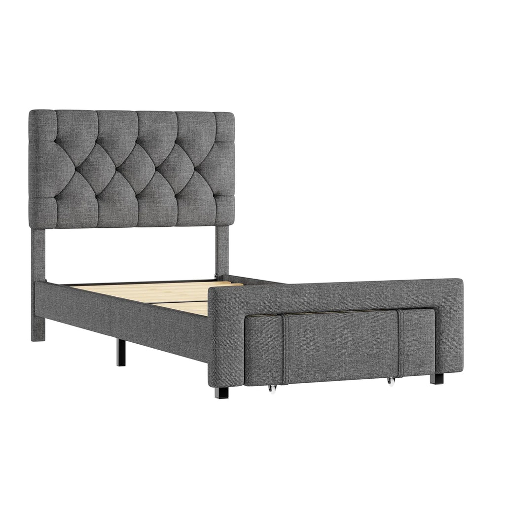 Twin Size Upholstered Bed Frame With 2 Storage Drawers, Platform Bed With Headboard, Wooden Slats Support, No Box Spring Needed