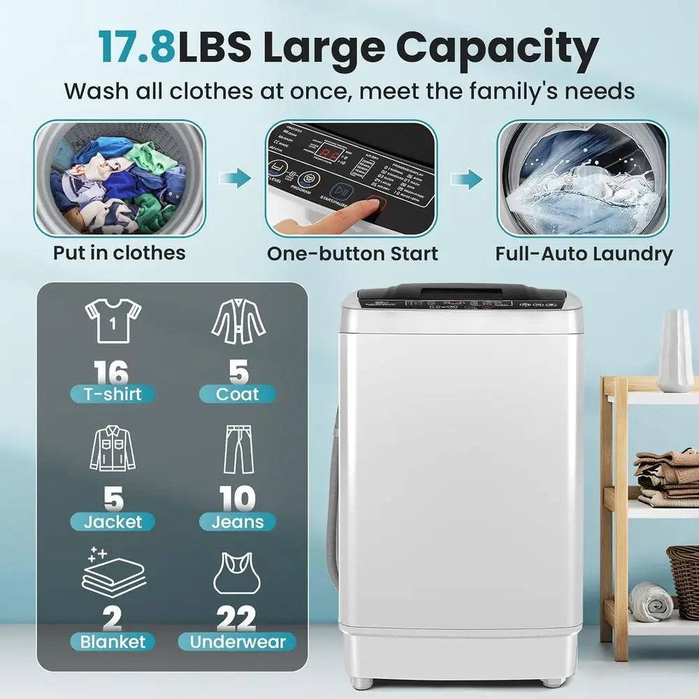 2.4 Cu.t Portable Washing hine, 17.8 lbs acity ull Automatic Washing hine with 10 Wash Progs, LED Display & Drain Pump, Portable